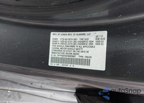 2017 Honda Ridgeline Rtl-T из США, поврежденный, VIN 5FPYK3F62HB028607